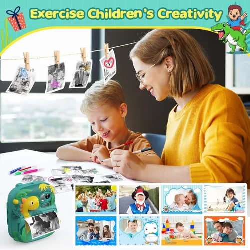 Miniatura 5 de Cámara de impresión instantánea para niños, cámara de pantalla de 2.4 pulgadas para niños, dinosaurio, cámara digital con tarjeta de 32 GB y 3 Verde