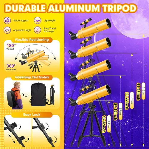 Miniatura 5 de MEEZAA Telescopio para adultos y niños, apertura de 80 mm, telescopio refractor portátil de 500 mm para principiantes de astronomía, telescopios