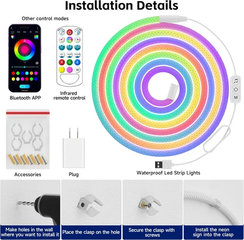 Miniatura 6 de Tyute Tira de luces LED en forma de cuerda, tira de luces LED de neón de 9.84 pies con luminosidad de 360 grados, 5V USB, flexible, impermeable