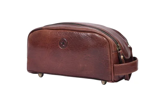 Aaron Leather Goods - Neceser para artículos de tocador de cuero de alta calidad de 10 pulgadas / 25.4 cm., de viaje, con forro impermeable | Kit de