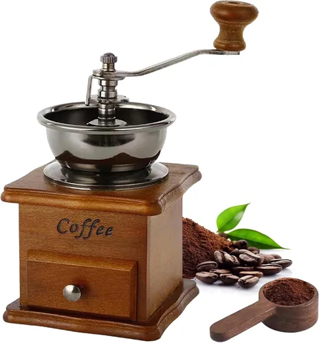 Miniatura 8 de Molinillo de café manual vintage, molinillo de grano de café con núcleo de cerámica de alta dureza con base de madera maciza y caja de polvo