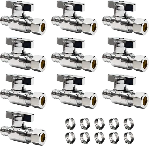 10 piezas de válvula de parada recta de compresión Pex x 3/8 pulgadas OD, 1/2" Pex x 3/8" OD válvula de cierre recta de compresión, latón sólido,