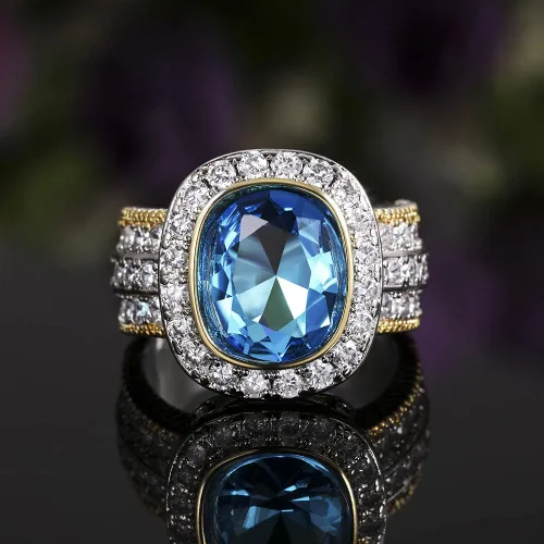 Miniatura 3 de Anillo de plata de ley 925 brillante con piedras preciosas de diamante completo, anillos de circonita cúbica azul, anillo de múltiples filas, anillo