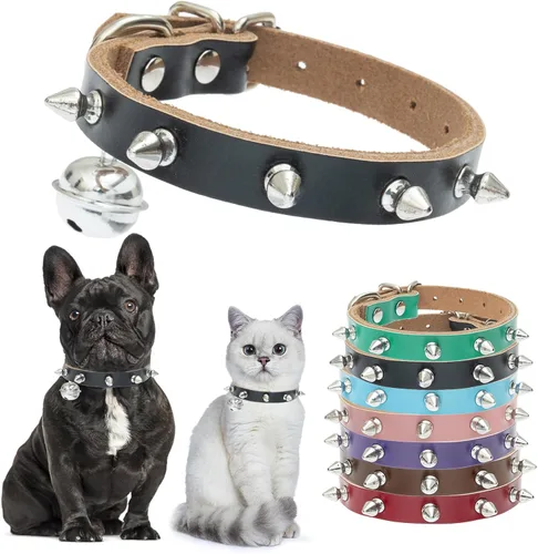BINGPET Collar de piel con clavos para gatos con campanas, collar de perro tachonado con hebilla, collares góticos suaves para gatitos con púas