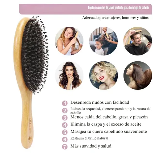 Miniatura 4 de Juego de Cepillo y Peine con Cerdas de Jabalí para Cabello Rizado, Grueso, Largo, Fino, Seco y Húmedo, el Mejor Cepillo Desenredante de Paleta