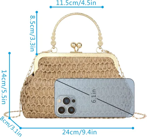 Miniatura 5 de Mini bolso de embrague tejido de paja para mujer, bolso cruzado con correa de cadena