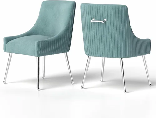 Miniatura 21 de Sillas de comedor de estilo moderno de terciopelo tapizado, silla de acento de tocador con barra vertical, silla capitonada con patas plateadas