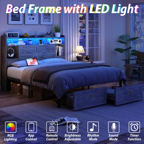 Miniatura 3 de TIGUBFRE Base de cama Queen con cabecera de almacenamiento, marco de cama de madera de granja tamaño Queen con 4 cajones, luz LED y estación de gris