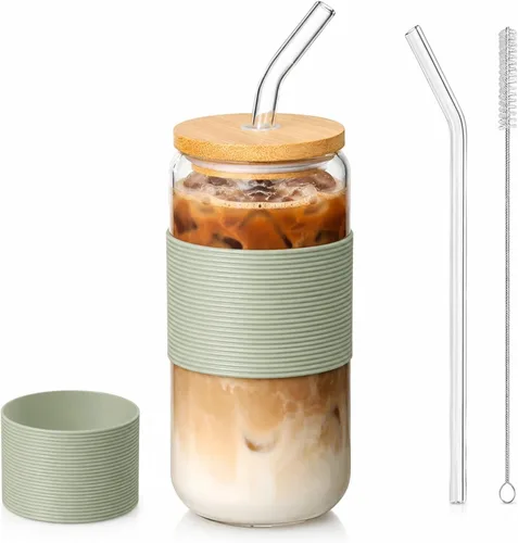 Taza de bambú de vidrio de 16 onzas con tapa y pajita, juego de tazas de café de vidrio de 16 onzas, batido, cerveza, jugo, matcha, vasos estéticos,