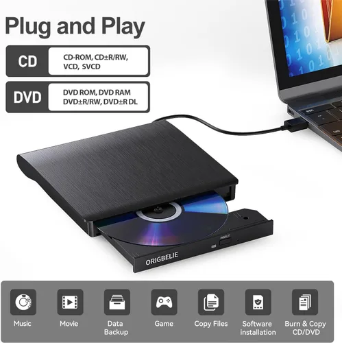 Miniatura 2 de ORIGBELIE Unidad externa de CD/DVD para portátil, grabadora de CD USB 3.0 +/-RW CD ROM, unidad de DVD externa Reproductor de DVD portátil