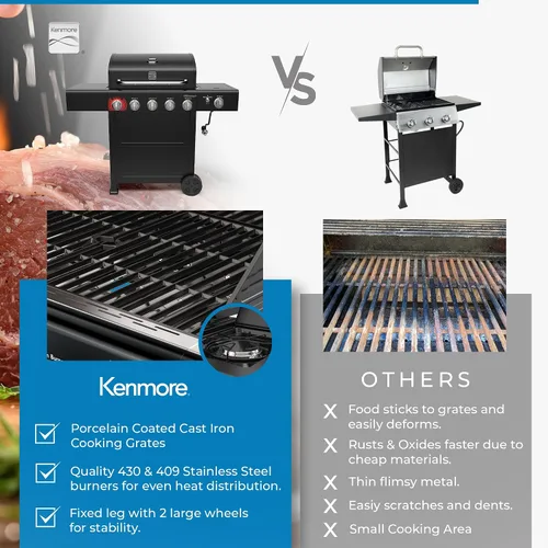 Miniatura 4 de Kenmore Parrilla de gas propano para barbacoa, 5 quemadores con quemador lateral y zona de sellado, parrilla de acero inoxidable de 644 pulgadas