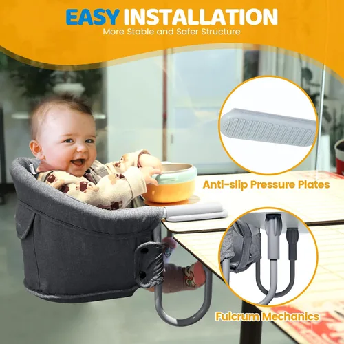 Miniatura 2 de Orzbow Silla alta de gancho, asiento de mesa portátil para bebés y niños pequeños de 6 a 36 meses, silla alta plegable con clip con bolsa de Gris