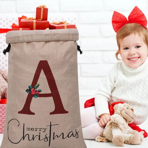 Miniatura 5 de Subyan Bolsa de regalo de Navidad de arpillera de 27 x 23 pulgadas, extra grande, reutilizable, personalizada, con monograma, con cordón