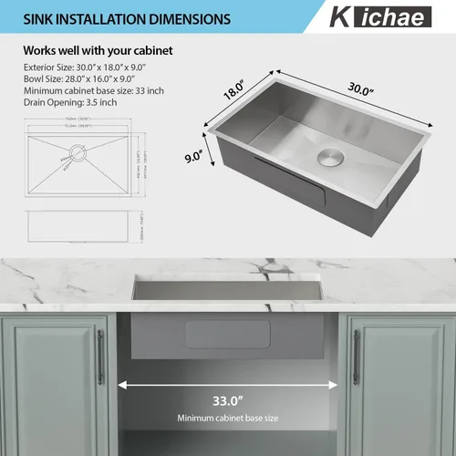 Miniatura 4 de Kichae Fregadero de Cocina Empotrado de 30 Pulgadas de Acero Inoxidable de Calibre 16 Fregadero de Cocina Hecho a Mano de Un Solo Tazón con Esquina