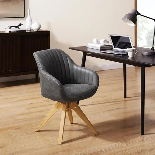Miniatura 4 de Art Leon Silla de oficina sin ruedas, silla de escritorio moderna de mediados de siglo, silla giratoria con patas de madera de roble, sillón