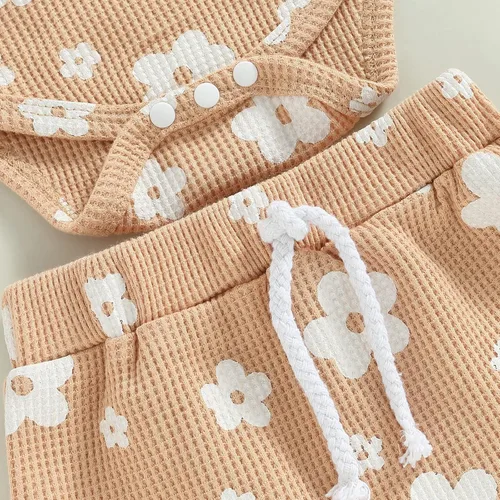 Miniatura 6 de Newborn Baby Girls Clothes Sets Waffle Floral Print Sleeveless Bodysuits+Ruffles Drawstring Summer Shorts+Headband