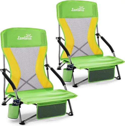 Miniatura 8 de Lamberia Silla de playa plegable para adultos, paquete de 2, sillas de playa bajas portátiles con capacidad de 300 libras, silla de camping ligera