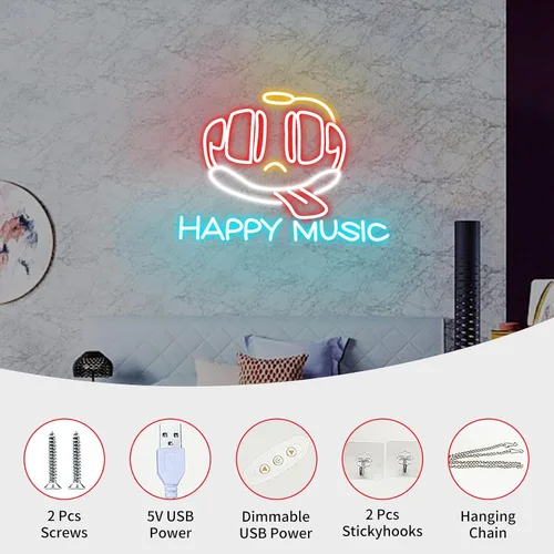 Miniatura 7 de Letrero de neón con texto en inglés «Happy Music» para decoración de pared, letras iluminadas para negocios, letreros de fiesta de cumpleaños