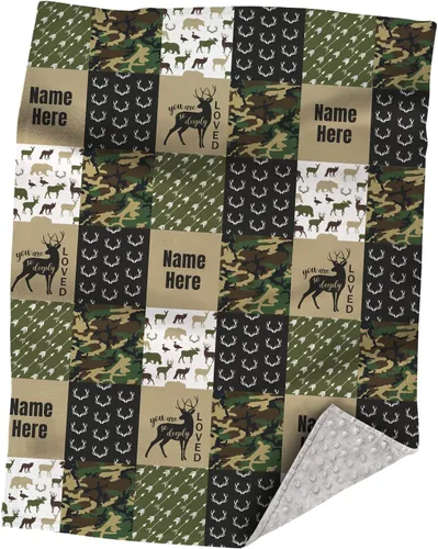 Manta de bebé personalizada con tema de bosque con nombre, manta de camuflaje verde militar de ciervos, manta de bebé con diseño de retazos