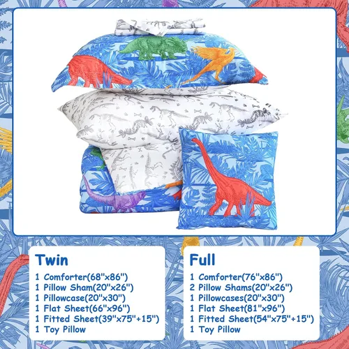 Miniatura 6 de Mooreeke Juego de edredón individual para niños de 6 piezas, juego de ropa de cama azul para adolescentes, microfibra de dinosaurio, cama para niños