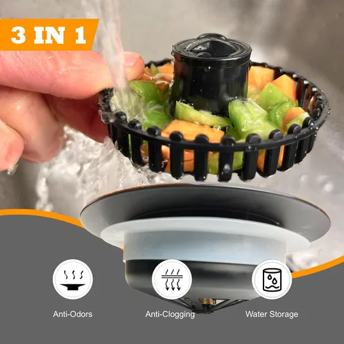 Miniatura 5 de Colador de drenaje para fregadero de cocina 3 en 1, tapón de fregadero desplegable de acero inoxidable 304, tapón de drenaje antiobstrucción, Negro