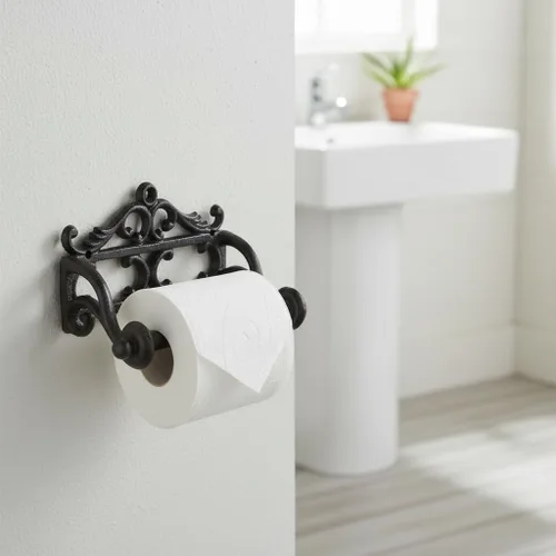 Miniatura 3 de Comfy Hour Soporte decorativo de papel higiénico de hierro fundido, organizador de rollos de papel victoriano blanco montado en la pared, acento