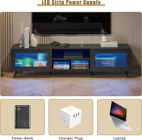Miniatura 3 de HedoAjim Soporte de TV negro para televisores de 32 a 70 pulgadas, centro de entretenimiento con 2 puertas acrílicas, mesa consola multimedia de 58