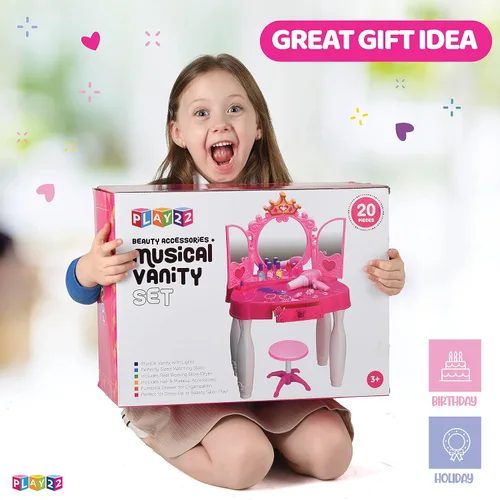 Miniatura 7 de Play22 Juego de tocador para niñas con espejo y taburete, 21 piezas, juego de mesa de maquillaje para niños con luces y sonidos, incluye accesorios