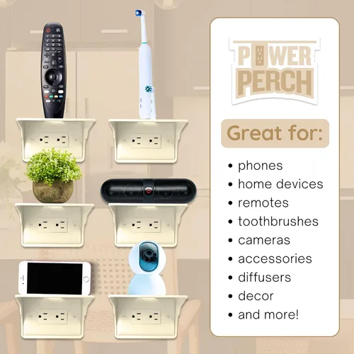 Miniatura 4 de Power Perch - Organizador de estante horizontal para altavoces Alexa Echo Dot, teléfono, soporte de pared con correa de almacenamiento de cable