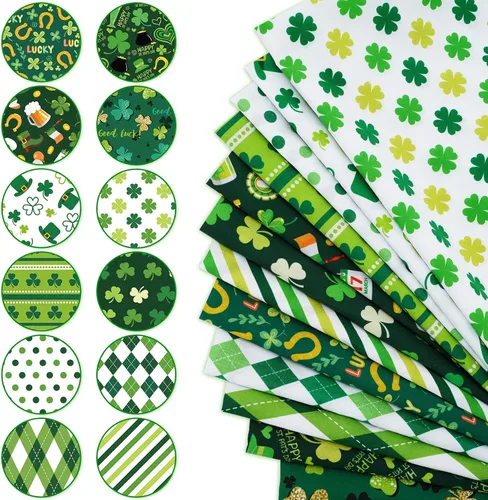 Miniatura 4 de Whaline Paquete de 12 piezas de tela de algodón para el Día de San Patricio de 10 x 10 pulgadas, tela estampada con trébol verde cuadrado, trébol