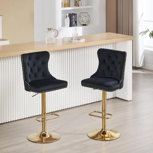 Miniatura 7 de Taburetes de bar negros juego de 2 sillas de cocina giratorias de terciopelo con respaldo alto acolchado, taburetes dorados modernos tapizados