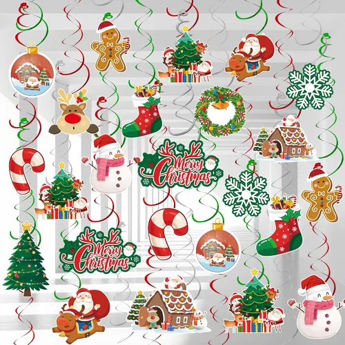 61 piezas de remolinos colgantes de Navidad, decoraciones colgantes de Navidad, muñeco de nieve y alce para decoraciones de fiesta de Navidad