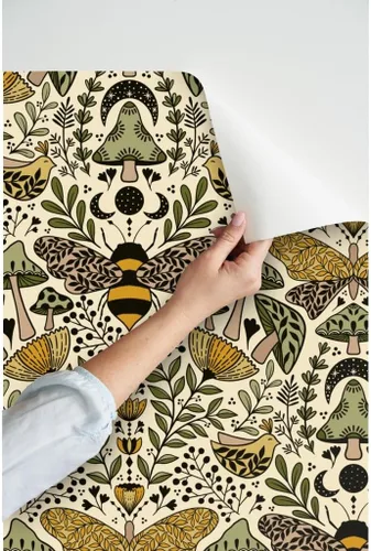 Miniatura 3 de Muestras de papel tapiz autoadhesivo - Nouveau Naturaleza Verde Amarillo Mariposa Naturaleza Bosque Plantas Art Nouveau Polilla Bohemia Abeja