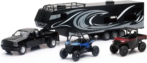 New Ray Toys - Camión de recogida fundido a presión con transportador de juguetes y 2 vehículos Polaris (RZR azul y Ranger rojo)