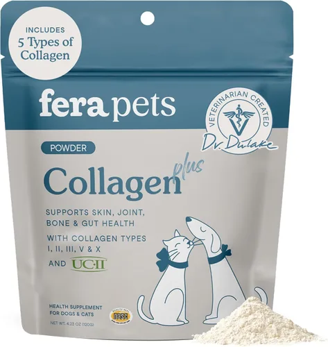 Fera Pets Polvo de colágeno para gatos y perros, 5 tipos de colágeno + UC-II® clínicamente estudiado, suplemento para huesos, intestinos,