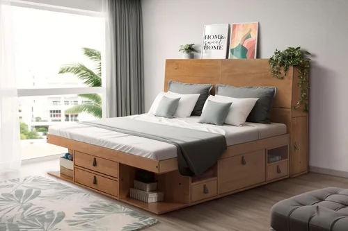 Miniatura 38 de Memomad Bali Slim Set: Plataforma de almacenamiento con cajones + Cabecero de panel plano (Tamaño completo, madera marrón roble)
