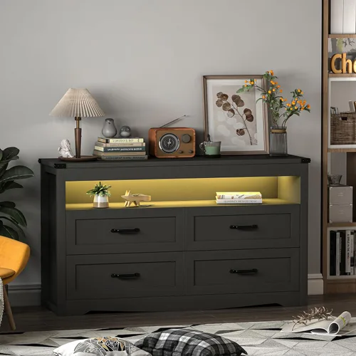 Miniatura 6 de Cómoda negra para dormitorio con 4 cajones, cómoda negra y cómoda, cajones de almacenamiento anchos de madera moderna con luces LED para armario