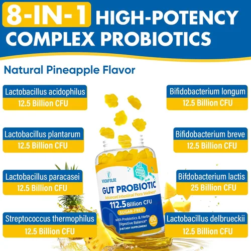 Miniatura 5 de Gomitas de probióticos y salud intestinal, 112.5 mil millones de UFC, sin azúcar, 8 cepas + prebióticos + hierbas - para digestivo, inmune, diarrea