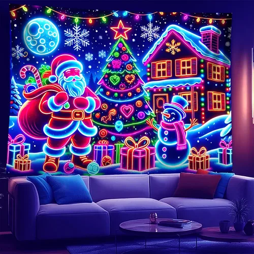 Miniatura 22 de NYZE - Tapiz de Navidad con Papá Noel, tapiz de luz negra que brilla en la oscuridad, colgante de pared, banner festivo, decoración para fiesta