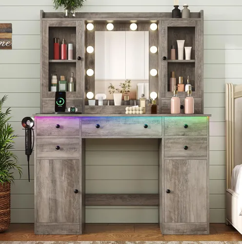 Miniatura 7 de HUANLEGO - Escritorio negro con espejo y luces para niñas y mujeres Makeup Vanity Mirror with Lights, LED RGB Lights Strip, Power Outlet, 7