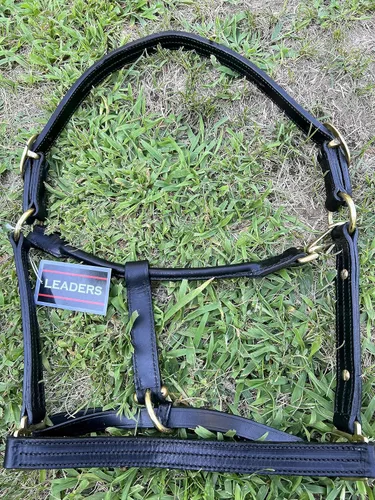 Miniatura 6 de Leaders - Cabestro de cuero para caballos con placa de nombre grabada personalizada, cabestro para caballo, negro/latón