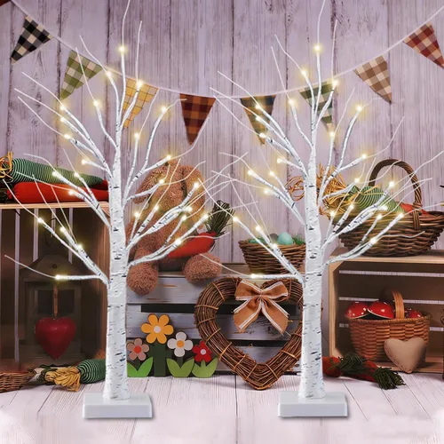 Miniatura 3 de Paquete de 2 árboles de abedul iluminados de 2 pies con temporizador para decoraciones navideñas de interior, árbol de abedul artificial con 48