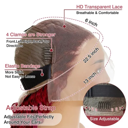 Miniatura 4 de Nsvnsv Peluca de cabello humano burdeos 99j borgoña de 13 x 6 pulgadas, pelucas de encaje frontal transparente HD de cabello humano prearrancado