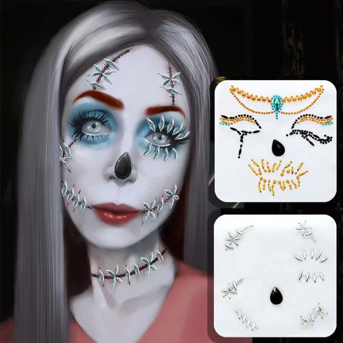 The Ghost Bride Skeleton Face Gems Jewels Halloween Tatuajes faciales temporales con diamantes de imitación Día de los Muertos, cristales de