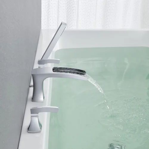 Miniatura 5 de Llenador de bañera romana cascada grifo de bañera cromado, grifos de baño de latón de 4 agujeros con ducha de mano