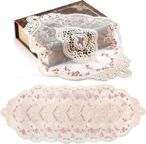 AVLA Paquete de 6 manteles individuales de encaje, estilo francés retro, estera para tazas, manteles bordados para mesa de comedor, manteles