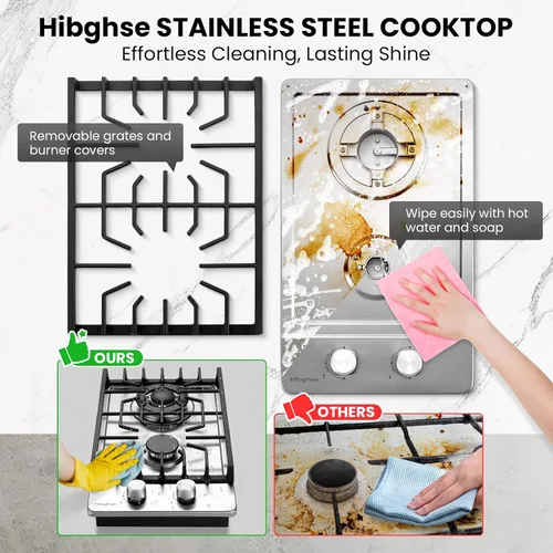 Miniatura 6 de Estufa de 2 quemadores de propano, Hibghse 30 cm de cocina de gas incorporada con estufa de gas NG/LPG convertible de acero inoxidable