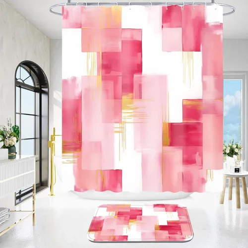 Miniatura 6 de Yddsky 4 Pcs Pink and Gold Geometric Shower Curtain Sets Non-Slip Bath Rugs, Bathroom Accessories,Bathroom Sets with Shower Curtain and Rugs, Pink