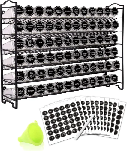 SWOMMOLY Organizador de especias con 72 tarros de especias cuadrados vacíos, 340 etiquetas de especias con marcador de tiza y embudo juego completo,
