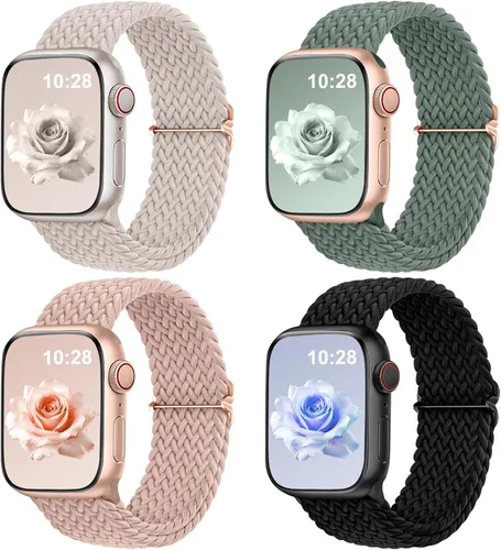 Miniatura 11 de DaQin Paquete de 4 correas elásticas trenzadas Solo Loop para Apple Watch para mujeres y hombres, de 1.575 pulgadas, 1.614 pulgadas, 1.654 pulgadas